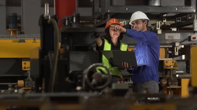 Professional engineers, supervisors and factory workers collaborate on the production floor while reviewing manufacturing operations with digital tablets. Diverse industrial workforce demonstrating te