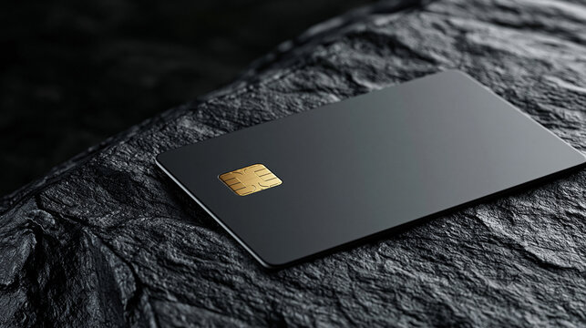 Best stock photo style of a blank black credit card with only a small gold EMV chip and no printed numbers or logo, resting on a dark textured stone surface, moody dramatic side li