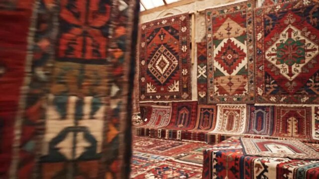 Showcase Intricate Patterns of Traditional Oriental Rugs in a Colorful Carpet Showroom