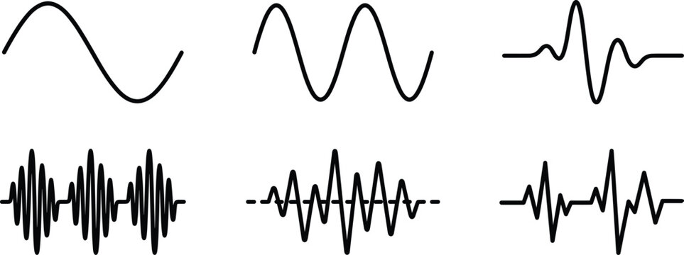 Sound wave and audio signal vector icon set showing radio frequency vibration frequency and equalizer waves