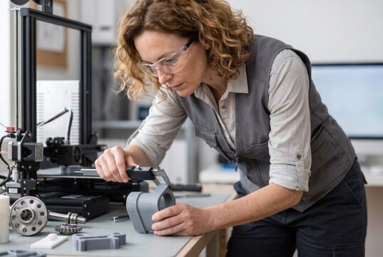 Woman engineer measuring a 3d printed object for quality control in a modern laboratory