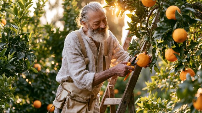 Male farmer harvesting ripe oranges from trees in a sunny orchard