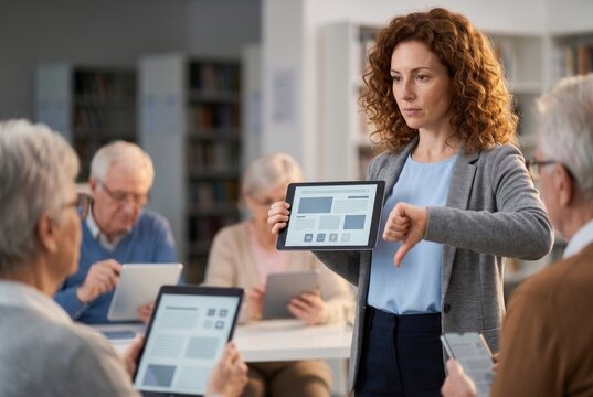 Woman showing a thumbs down gesture while teaching seniors about media literacy and fake news