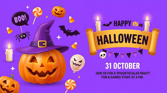 Cute halloween party invitation banner with cartoon pumpkins witch hat and scroll