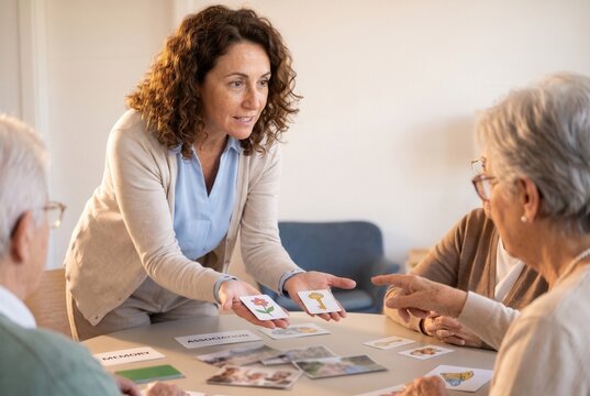 Caregiver assisting senior people with cognitive stimulation therapy using picture cards