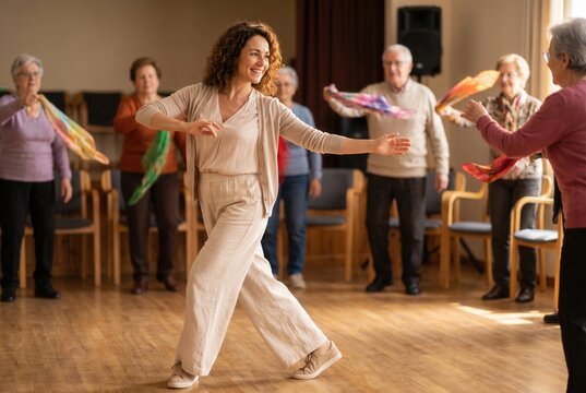 Active seniors enjoying a fun movement class led by an instructor, promoting health and happiness