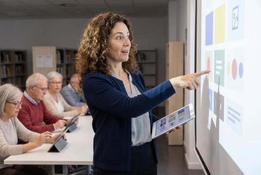 Teacher pointing at projected screen, teaching technology concepts to a group of senior students