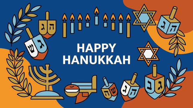 A festive Hanukkah celebration with traditional dreidels and a menorah