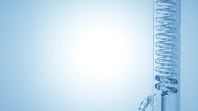 Blue transparent fluid flows through a vertically mounted coil lab condenser, filling the coiled glass tube on the right side of the frame, leaving the left side as copy space on blue ramp background