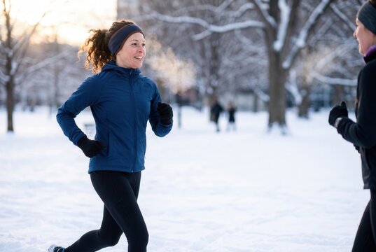 Woman running outdoors in a snowy park, exhaling vapor from her breath
