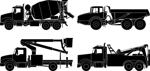 Heavy industrial trucks silhouettes set featuring cement mixer articulated dump truck cherry picker and tow truck for construction design © fulbabu