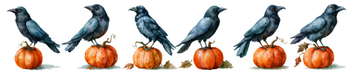 Obraz premium Black watercolor crows perching on orange pumpkins, embodying the spooky and festive spirit of halloween, harvest, and autumn celebrations with a gothic touch