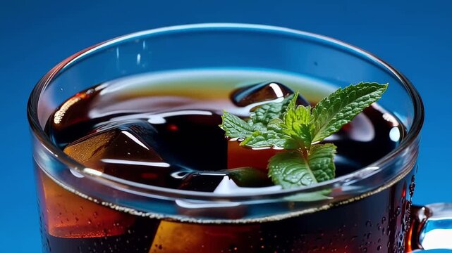 Glass of iced cold cola with fresh mint leaf. Refreshing dark carbonated soda beverage in transparent mug. Summer drink concept for thirst quenching refreshment.