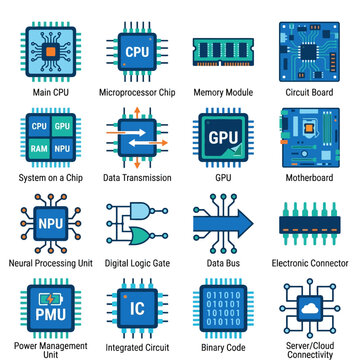Set of flat vector icons representing various computer hardware and electronic components.