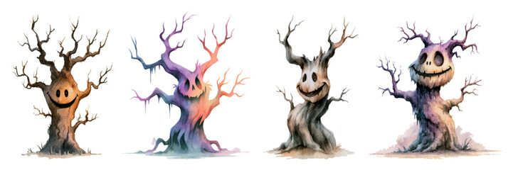 Fototapeta premium Group of spooky halloween trees with smiling creepy faces and twisted branches, creating a frightening autumn atmosphere for children's fantasy and horror illustrations