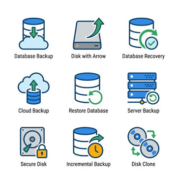 Set of nine colorful icons representing data backup and recovery processes.