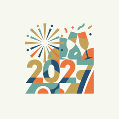 Fototapeta premium Colorful geometric design celebrating the new year 2027 with fireworks and champagne glasses