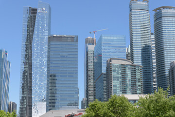 Obraz premium view of buildings in Toronto's South Core, including Delta hotel, Marsh McLennan sign, and condos