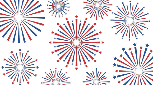 Patriotic fireworks pattern with red, white and blue stars and radial lines
