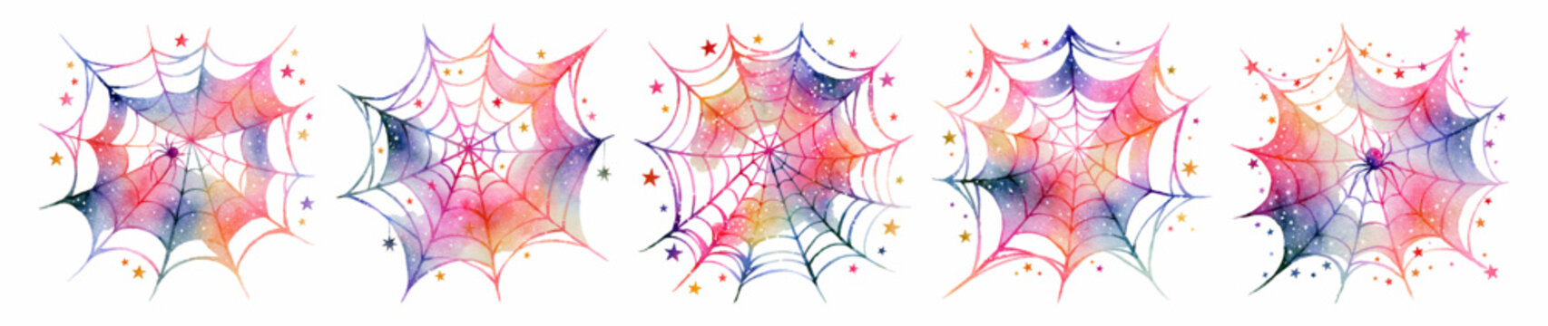 Watercolor spider webs with cosmic galaxy colors and sparkling stars, creating whimsical halloween or outer space themed illustrations, fantasy spider webs