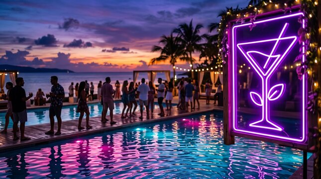 Group of men and women at sunset poolside party with glowing martini glass neon sign. Luxury resort beach club gathering for summer vacation. Nightlife event and celebration
