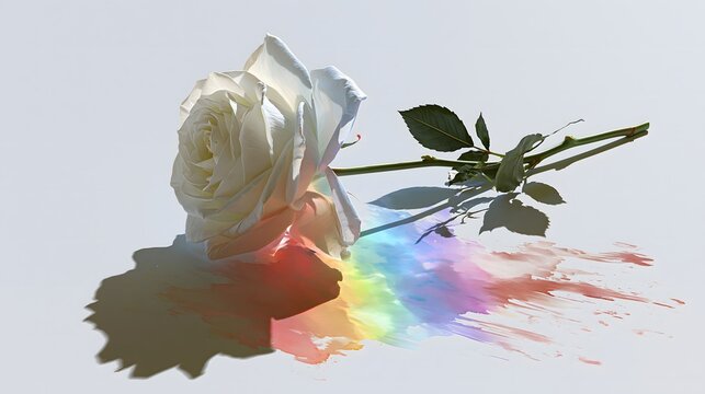 Beautiful white rose lying on white background with vibrant rainbow shadow and colorful light reflection