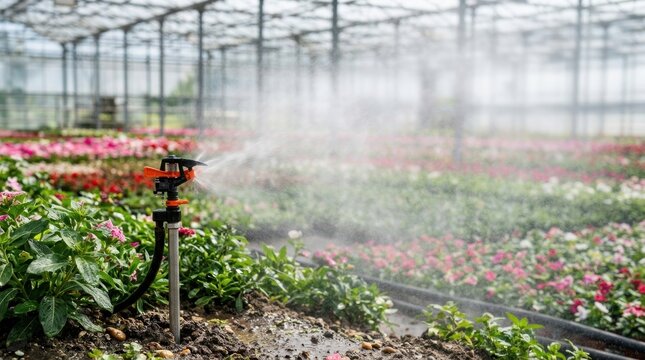 Automated sprinkler system watering rows of flowering plants inside a greenhouse