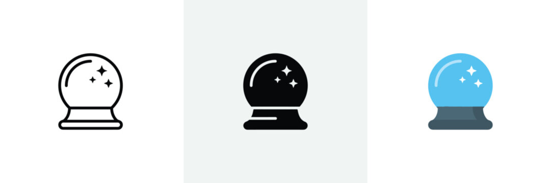 Sparkling crystal ball icon for fortune telling and divination in outline, solid, and flat design styles.