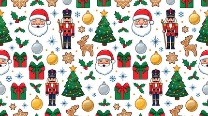 Christmas seamless pattern background with cute cartoon Santa Claus nutcracker tree reindeer and gift boxes vector illustration for festive wrapping paper © Mdjony