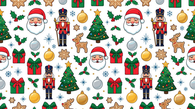 Christmas seamless pattern background with cute cartoon Santa Claus nutcracker tree reindeer and gift boxes vector illustration for festive wrapping paper
