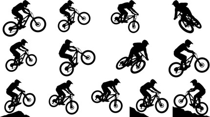 Mountain bike riders silhouettes set featuring extreme cyclists performing jumps tricks and riding downhill trails for sports design © fulbabu