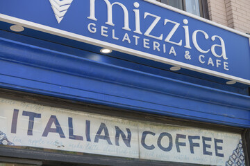 Obraz premium exterior building facade and signage outside Mizzica Gelateria & Cafe, an ice cream shop, located at 307 Queen St W, Toronto