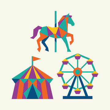 Flat geometric illustrations of a carousel horse, ferris wheel and colorful circus tent