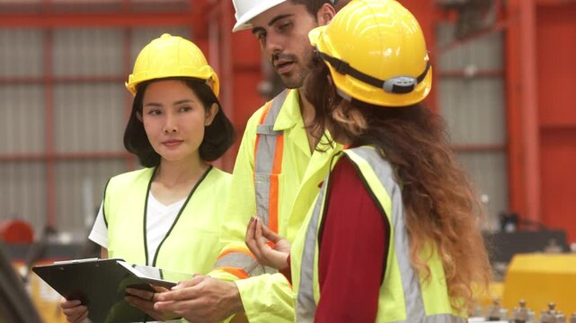 Professional engineers, supervisors and factory workers collaborate on the production floor while reviewing manufacturing operations with digital tablets. Diverse industrial workforce demonstrating te