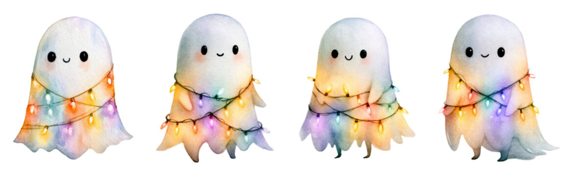 Adorable friendly watercolor ghosts wrapped in vibrant rainbow string lights, standing in a row, creating a cheerful and festive seasonal decorative element