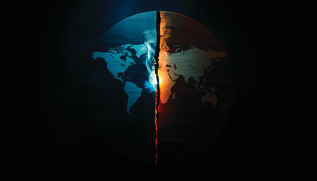 Divided world map concept. Global geopolitical conflict and crisis art.