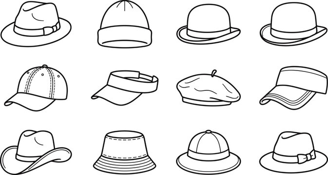 Vector icon set of different types of hats and caps for men and women fashion accessories