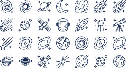 Outer Space Astronomy Line Icon Set with Rocket Ship Astronaut Helmet Telescope Planets Galaxy Meteorite and Satellite Elements for Science Education Designs © Taysina