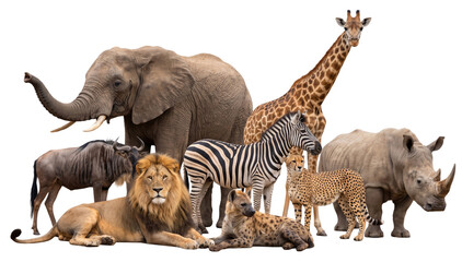 Obraz premium diverse gathering of wild african savanna animals like elephant (loxodonta africana) and lion (panthera leo) isolated on transparent background