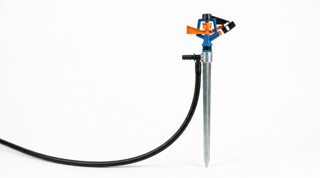 A garden sprinkler with a metal stake and black tubing connected Agriculture Farming