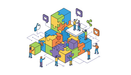 Obraz premium Isometric illustration of diverse people collaborating to build a giant puzzle structure of social media icons.