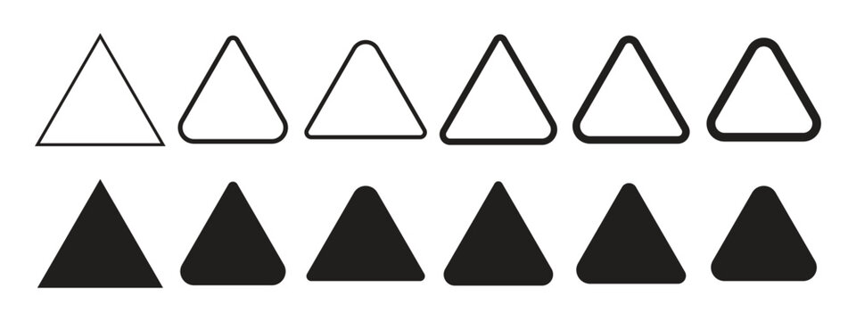 Set of rounded triangle icons. consisting of one open outline and one solid filled geometric shape. vector illustration