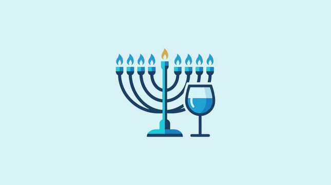 Flat vector illustration of a Hanukkah menorah and a glass of wine