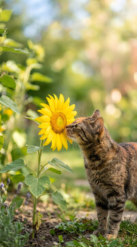 A cute tabby cat smelling a bright yellow sunflower in a sunny garden during a warm summer day with soft natural light and a blurred green background for a peaceful outdoor scene