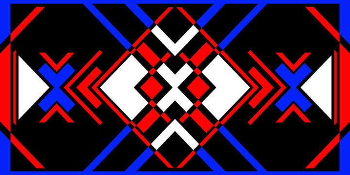 Abstract geometric vector pattern with traditional ethnic folk motifs, featuring bold red, blue, white, and black linear shapes on a dark background.