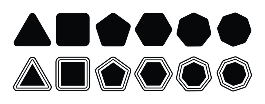 Set of black geometric figures with rounded corners and inner borders. triangle and square, pentagon, hexagon and octagon shapes. vector illustration. eps 10