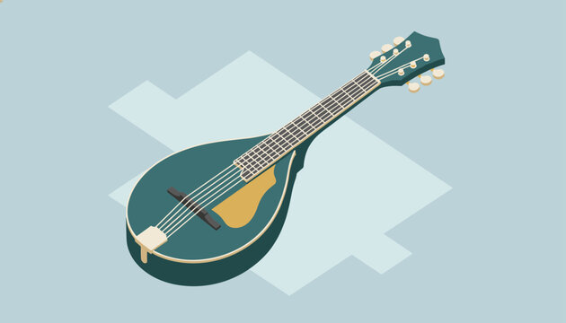 Classic acoustic mandolin with dark green body and wooden pickguard isolated on light blue background representing folk music.
