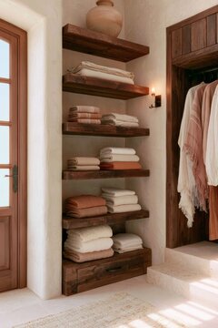 Tuscan walk-in wardrobe featuring dark oak shelves with neatly folded towels and a decorative vase, illuminated by soft golden hour light