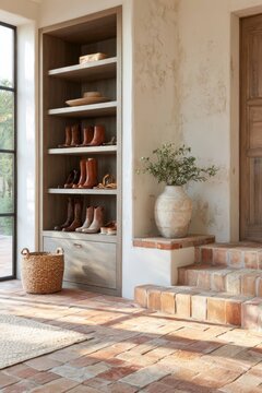 Tuscan walk-in wardrobe shoe corner featuring dark oak shelves with various boots and a decorative vase on a brick step in a stylish interior setting