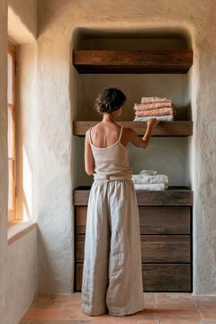 Young woman in wide leg linen trousers and a ribbed tank top organizes towels on wooden shelves in a sunlit room with a rustic interior design